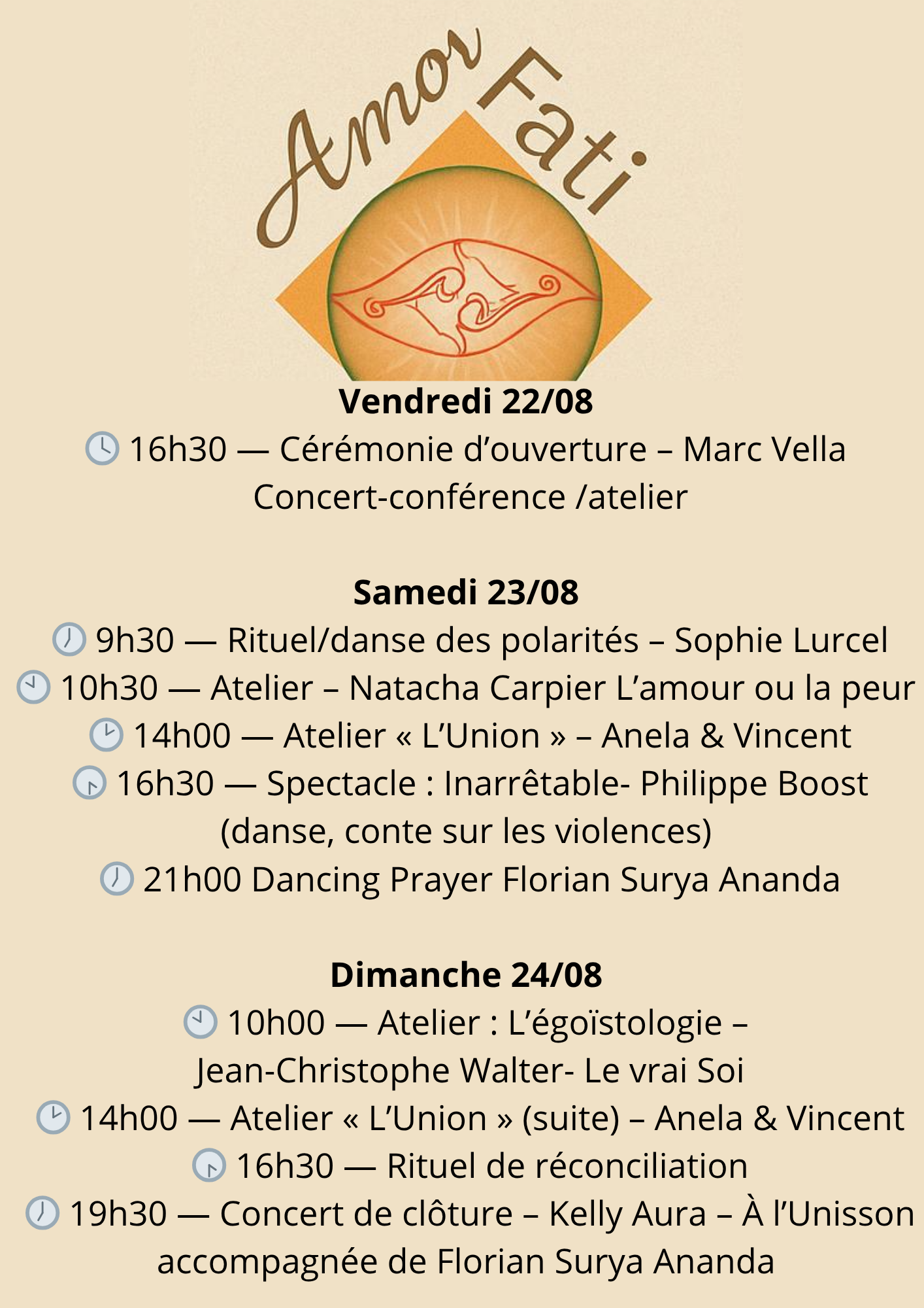 Vendredi 2208 🕓 16h30 — Cérémonie d’ouverture – Concert Marc Vella 🕕 18h00 — Atelier d’ouverture – Natacha Carpier Samedi 2308 🕙 10h00 — Atelier – Marc Vella 🕑 14h00 — Atelier « L’Union » – An