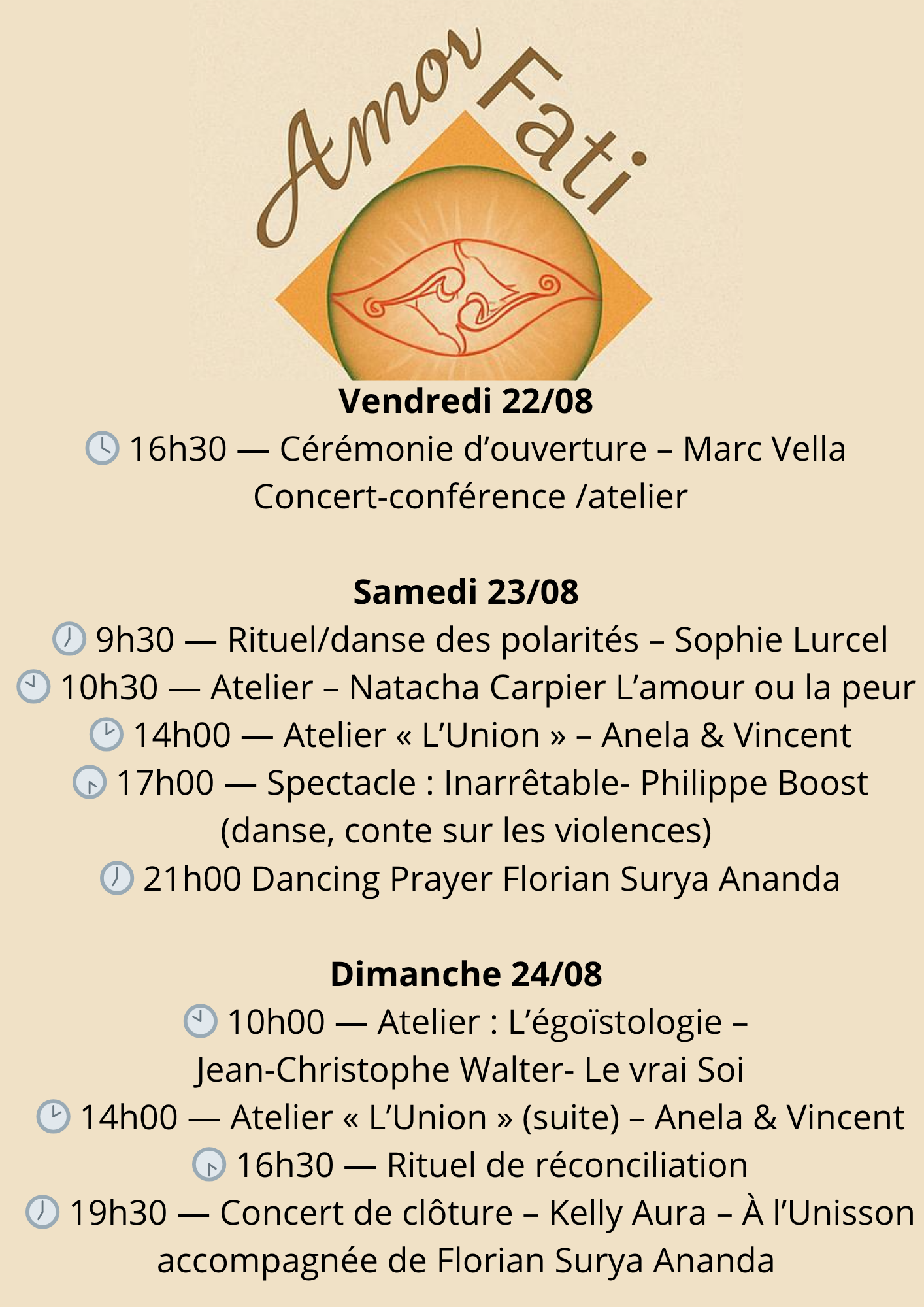 Vendredi 2208 🕓 16h30 — Cérémonie d’ouverture – Concert Marc Vella 🕕 18h00 — Atelier d’ouverture – Natacha Carpier Samedi 2308 🕙 10h00 — Atelier – Marc Vella 🕑 14h00 — Atelier « L’Union » – An(1)